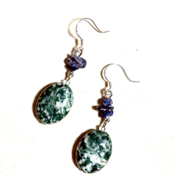 2/$20, Genuine Green Tree Agate & Lapis Lazuli Gemstone Sterling Silver Earrings - Picture 2 of 11